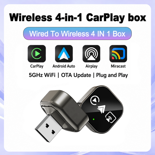 Adaptateur sans fil 4-en-1 CarPlay Android Auto AirPlay 2026 amélioré, Dongle USB intelligent Mirror Link pour Volvo, Benz, MG, Kia, Toyota