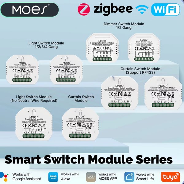 MOES Tuya WiFi/Zigbee Smart Switch Modul Lichtsteuerung Dimmer Vorhang 1%-100% Sprachsteuerung Kompatibel mit Alexa Google Home RF433