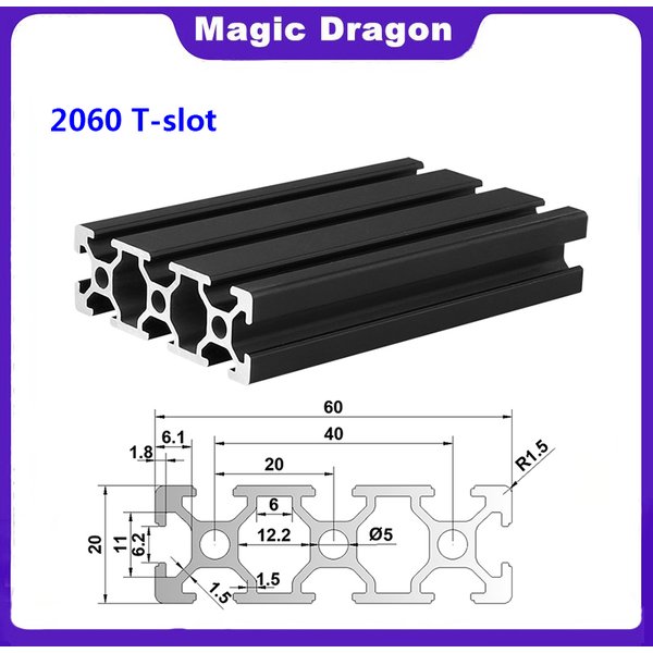 1/4 Stück schwarz 2060 T-Nut europäischer Standard eloxiertes Aluminiumprofil Extrusion 100–1000 mm Länge Linearschiene für CNC-3D-Drucker