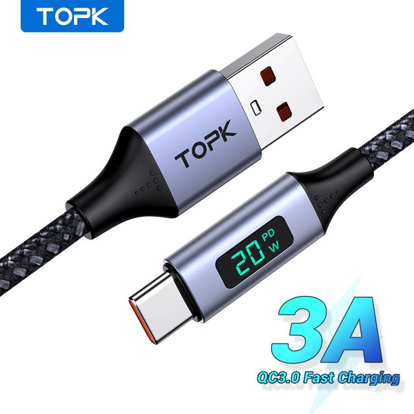 TOPK-Câble Micro USB/Type-C 3A, charge rapide, avec affichage numérique, pour téléphone portable, Samsung et Xiaomi
