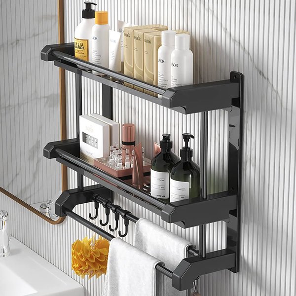 Badezimmer-Organizer und Aufbewahrung, 2-lagige Badezimmerregale mit Haken, Badezimmer-Handtuchhalter-Regal, wandmontiertes Aufbewahrungsregal (schwarz)