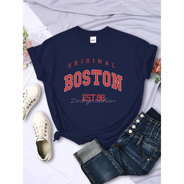 Original Boston Est.98 Street Letter Tshirt Women Summer Breathable T Shirt Hip Hop Casual Cool Short Sleeve Soft Street Clothes