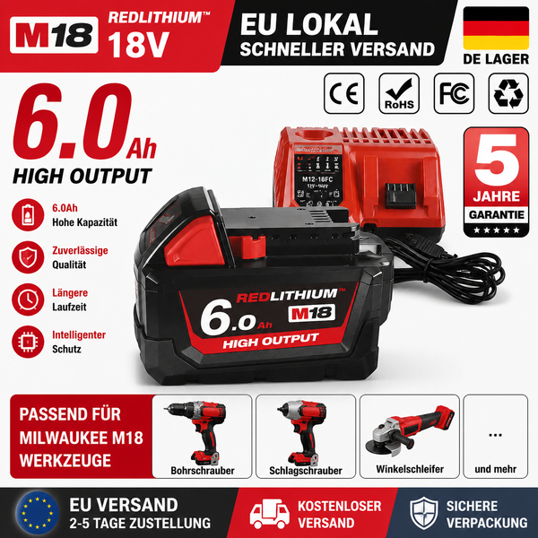 Hochleistungs-18V-6,0Ah-18650-Lithium-Akku, kompatibel mit Milwaukee M18 48-11-1860 / 48-11-1850 / 48-11-1840 – Lieferung aus EU-Lager
