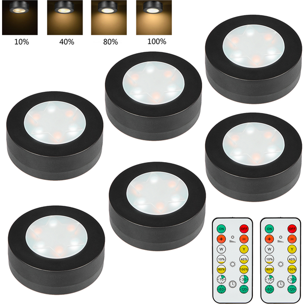 1-6Pcs Black CCT Round LED Under Cabinet Closet Light Furniture Dimmable Wardrobe Lamp Warmwhite White 3000-6500K Remote Control
