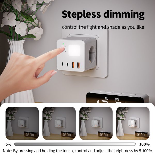1 multiprise européenne, 3 prises AC, 2 ports USB et 2 ports Type-C, avec une petite veilleuse tricolore