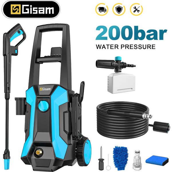 Gisam 200 Bar Elektrischer Hochdruckreiniger 2900 PSI 2200W Autowaschpistole Gartenreiniger Wassersprühpistole mit 8m Schlauch, Seifenflasche, 180 ° Verstellbare Düse für die Autoreinigung im Garten
