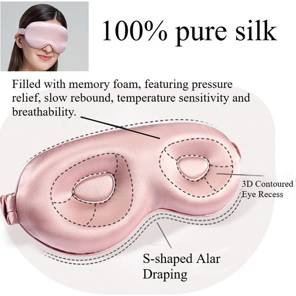 Masque de sommeil 3D en soie de mûrier, masque oculaire occultant sans pression, masque oculaire doux et respirant pour les voyages, la sieste et le sommeil nocturne