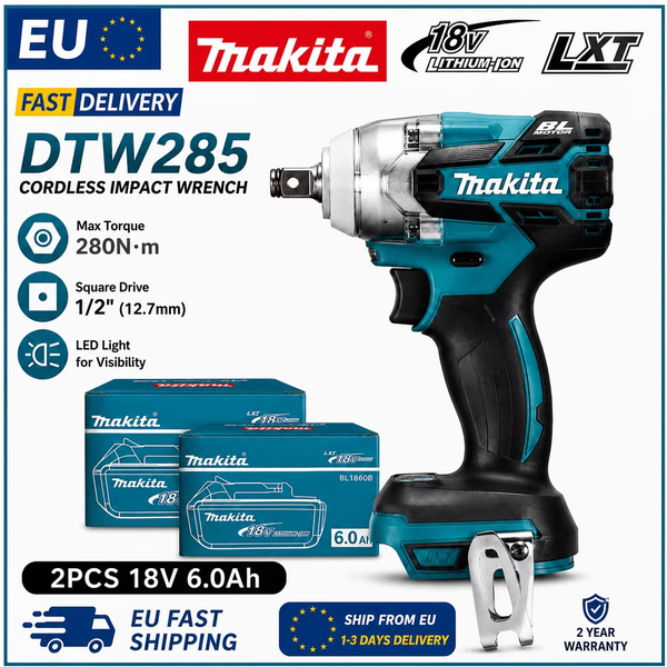 Makita DTW285 18V Bürstenloser Schlagschrauber 320N·m Akku-Werkzeugset mit 6,0Ah Akku EU-Lager Elektrowerkzeug-Set