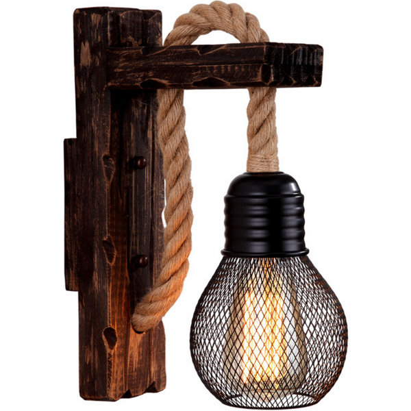 Vintage Wood Hemp Rope Wall Lamps Fixture Retro Hallway Bedside Loft Light Luminaire Industrial American Decor Lighting Wooden