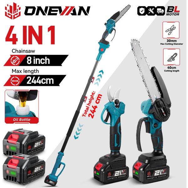 ONEVAN 8-Zoll bürstenlose Teleskopstange, elektrische Kettensägenschere, Hochstablereinigungsgerät für den Garten, passend für Makita 18V Akku