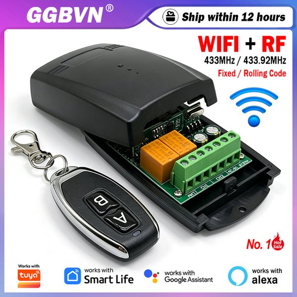 Universeller 433 MHz / 433,92 MHz Funkempfänger (2 Kanäle, Relais) für Garagentoröffner – WLAN-Smart-Modul, kompatibel mit Tuya