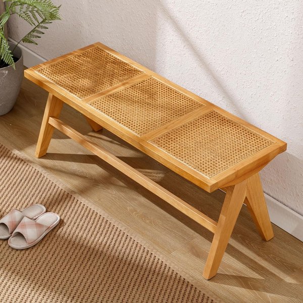 Banc de salle à manger en rotin Chairus, repose-pieds en bois pour l’entrée, assise en rotin naturel et respirant, pieds en bois massif, facile à assembler, idéal pour la salle à manger, le couloir ou