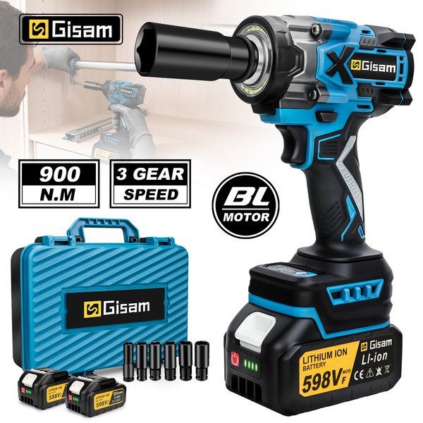 Gisam 900N.M Bürstenloser elektrischer Schlagschrauber, 1/2 Zoll, kabelloser elektrischer Schraubenschlüssel, Bohrmaschine, Elektrowerkzeuge für Makita 18 V Batterie-Pin