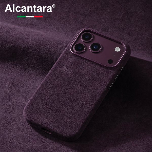 Burgunderfarbene ALCANTARA-Magnet-Hülle für iPhone 18 17 Pro Max mit MagSafe, dunkelkirschfarbene Lederhülle, Schutzhülle für Kamera und Tasten.