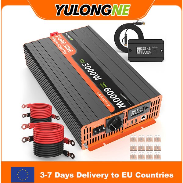 YULONGNE 2000W 2500W 3000W Sinus-Wechselrichter DC 24V zu AC 230V 4000W 5000W 6000W mit Ladefunktion, intelligentem LCD-Monitor mit Fernbedienung, mehreren USB-Anschlüssen, EU-Stecker für Wohnmobile,