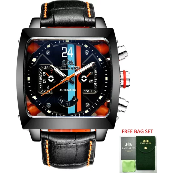 Automatikuhren für Herren, mechanisch, echtes Leder, Edelstahl, Schwarz, Orange, Blau, lässig, 40 mm Perspektive, durchsichtige Uhr