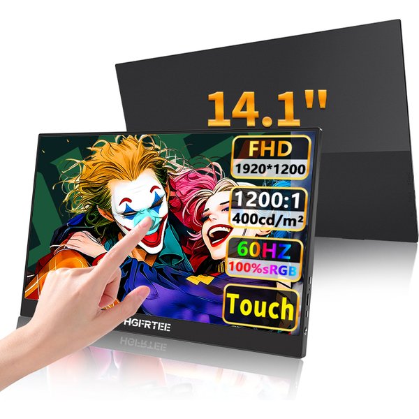 HGFRTEE 14,1 Zoll Tragbarer Monitor 10-Punkt-Touchscreen 1200P FHD IPS 100% sRGB HDR Zweiter externer Bildschirm mit integrierten Dual-Lautsprechern, 178 ° Großer Betrachtungswinkel, Typ-C- und