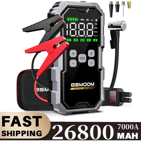 150PSI Luftpumpe Auto-Batterie-Notstartgerät, 7000A/1500A PEAK Auto-Starthilfe Powerbank, Tragbares Startgerät Auto-Starter Neu, Autos mit USB-Anschlüssen und LED-Taschenlampe, 26800mAh/21800mAh