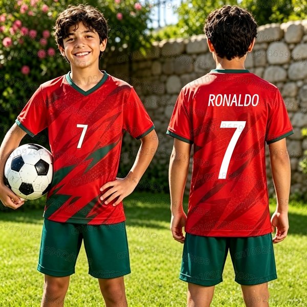 26 Jungen Ronaldo Nr. 7 Fußballtrikot T-Shirt Shorts Set Damen Herren Portugal Fans Shirt Shorts Set Kinder T-Shirt Trainingsanzug 2-teiliges Set