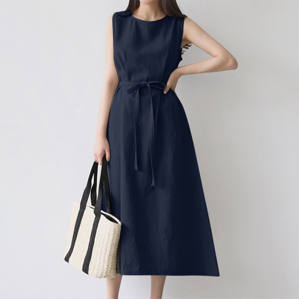 2023 Sommer Frauen Mode lose ärmellose Rundhals ausschnitt einfarbige Baumwolle und Leinen Gürtel lange große Kleid Vintage-Kleid