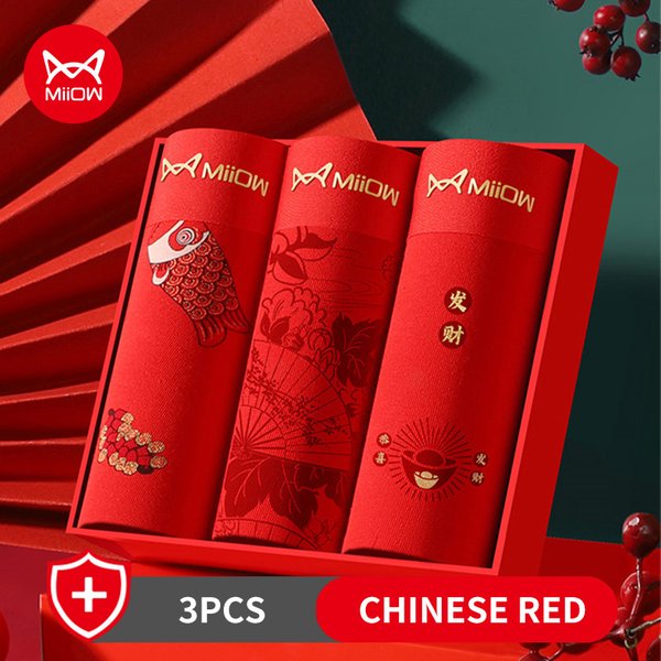 MiiOW 3 pièces Chinared hommes sous-vêtements coton Boxer Shorts doux respirant Boxershorts troncs de bon augure impression chance mâle caleçon