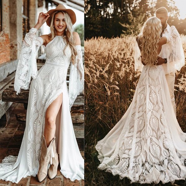 Robes de mariée pour femmes, style plage, épaules dénudées, col montant, manches longues, en dentelle, avec fente haute, robes de mariée sexy, robe de mariée sur mesure.