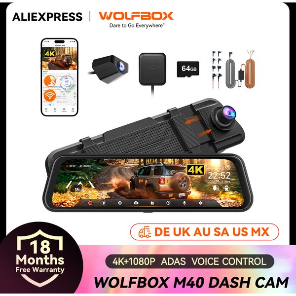 WOLFBOX M40 Dashcam 4K+1080P mit Sprachsteuerung ADAS Integrierte 5GHZ WI-FI und GPS-Videorecorder Vorder- und Rückfahrkamera