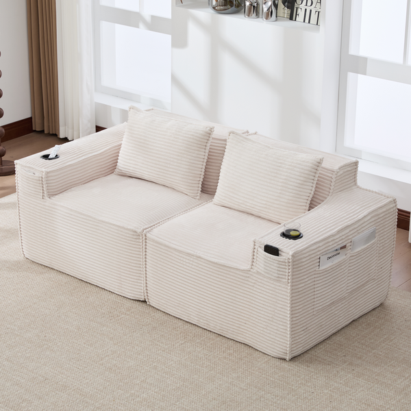 Modulares 2-Sitzer-Cordsofa, komprimiert verpackt, montagefrei, mit Getränkehaltern und seitlichen Aufbewahrungstaschen, Federkern- und Hochdichteschaumstoffkonstruktion, formstabile Polstermöbel für