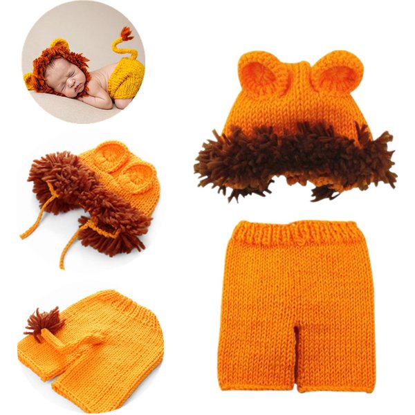 2pcs/set Newborn Photography Props Baby Costume Set Lion Animal Crochet Knit Handmade Pants Hat Baby Lion Suit Fotografia