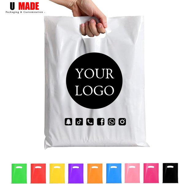 100pcs Custom Plastic Shopping Bags with Logo Personalized Gift Bags for Small Business Boutique Retail Trade Shows Events Party