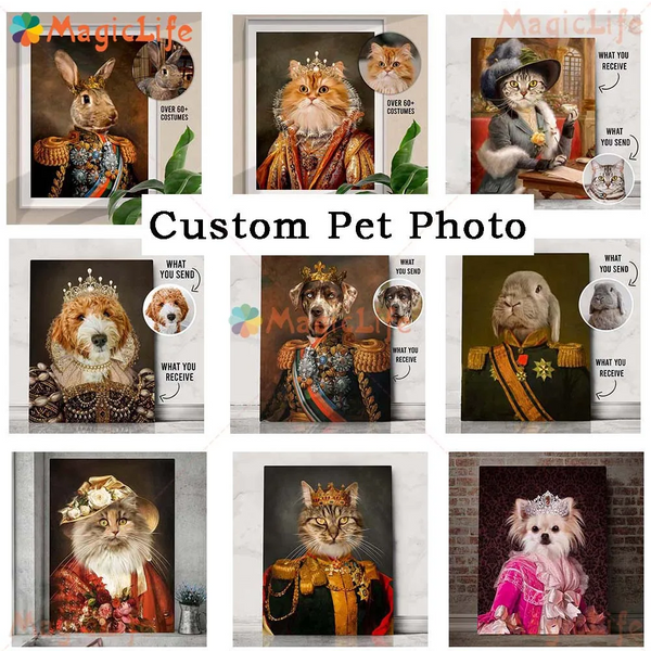 Benutzerdefinierte Katze Haustier Porträt Königliche Tiere Vintage Hund Poster Wand Kunst Leinwand Malerei Wand Bilder Für Wohnzimmer Dekor Ungerahmt