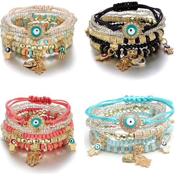 Ensemble de bracelets bohème mauvais œil pour femmes, 6 pièces/ensemble, main de Fatima, breloque en forme de cœur, corde perlée, chaîne, bijoux féminins, cadeau