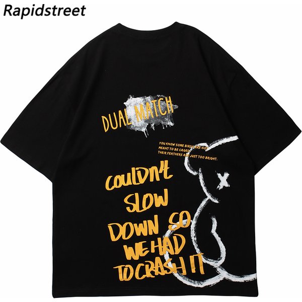 T-Shirt Streetwear Funny Bear Letter Graphic T Shirt Men Harajuku Cotton Casual Tshirt Summer Short Sleeve Tops Tees Black White