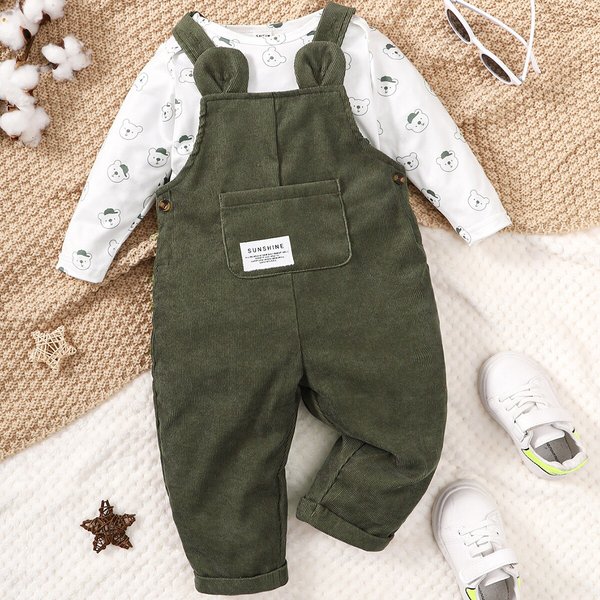 3-24 Monate Baby niedlichen kleinen Bären bedruckte Kleidung Set weiß lang ärmel ige Top grüne Riemen Hose Herbst Set für Kleinkind Mädchen