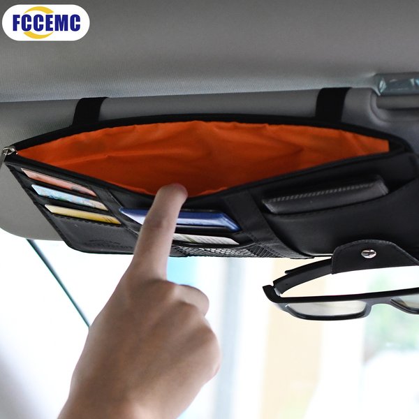 Rangement de lunettes de voiture en cuir PU, organisateur de pointe de pare-soleil multifonction, poche de rangement, porte-lunettes de soleil automatique, organisateur de cartes