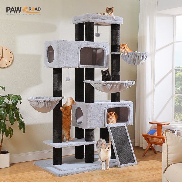 Multi-Level Cat Tree with Two Spacious Cat Condos Thick Sisal Scratching Posts Super Large Hammock Luxury Cat Tower for Indoor