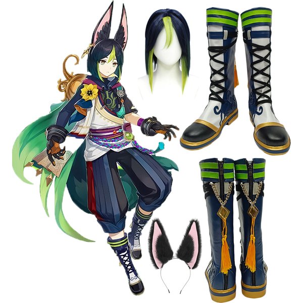 Spiel Genshin Impact Tighnari Cosplay Schuhe PU Leder Frauen Mädchen Tighnari Stiefel für Party Halloween Cosplay Perücke Ohr Requisiten