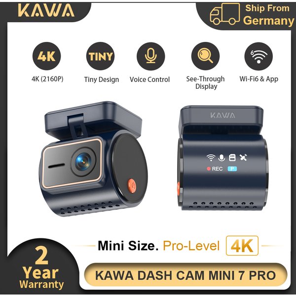 KAWA Dashcam MINI 7 Pro 4K mit transparentem Display, Sprachsteuerung, Superkondensator, Loop-Aufnahme, HDR, 24/7 Parküberwachung, WiFi6, GPS, Spiegelungsfunktion