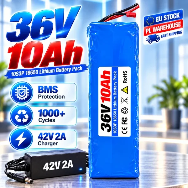 36V 10Ah Lithium-Akku 10S3P 18650 Wiederaufladbar mit BMS für E-Bike, Roller, Elektrofahrrad, kompatibel mit bis zu 1000W Motor, 42V 2A Ladegerät, stabile Leistung, hohe Kapazität, 1000+ Zyklen,
