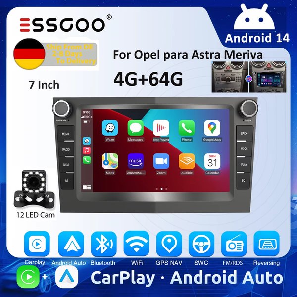 ESSGOO Android 14-Autoradio, kabelloses CarPlay für Opel Astra Vectra Vauxhall Antara Zafira Corsa C D Vivaro Meriva Auto