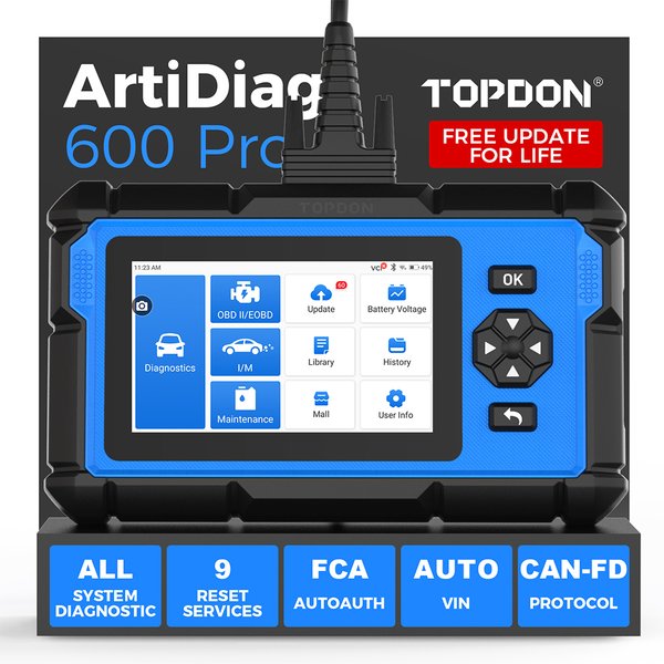 Der TOPDON ArtiDiag600 Pro Scanner prüft Motor, ABS, SRS, TCM, BCM, TPMS und alle Fahrzeugmodule. Er liest & löscht Fehlercodes, zeigt Echtzeitdaten, erstellt Auswertungen und scannt mit einem Klick.