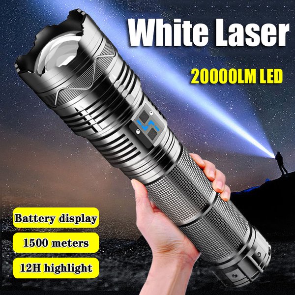 Lampe de poche Laser blanche haute puissance, projecteur LED très brillante, torche longue portée, Zoom d'urgence pour l'extérieur, avec indicateur de batterie