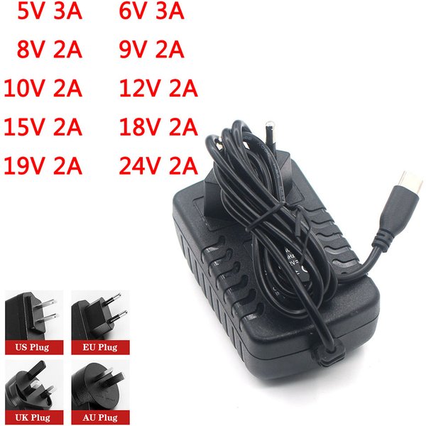 Chargeur de commutation 5V 6V 8V 9V 10V 12V 15V 18V 19V 24V 2A 3A, adaptateur de charge d'alimentation cc type-c, prise ue/US/UK/AU