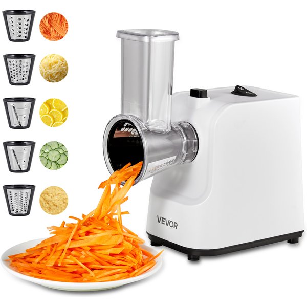 SucceBuy Râpe à Fromage Électrique et Hachoir à Salade 200W, Coupe-Légumes Électrique pour Fruits avec 5 Accessoires