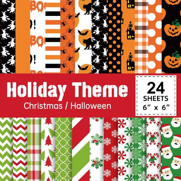 24pcs Christmas Halloween Scrapbook Paper Pads 6x6In Festival Packaging Decoration DIY Crafts Journaling Supplies Gift Wrapping