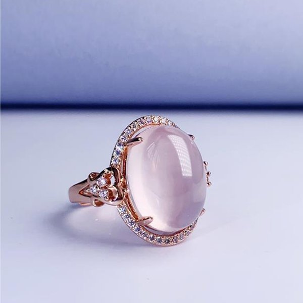 Bague ovale rose calcédoine naturelle, diamant de rêve classique, ouverture réglable, or rose noble, bijoux de luxe en argent pour femmes