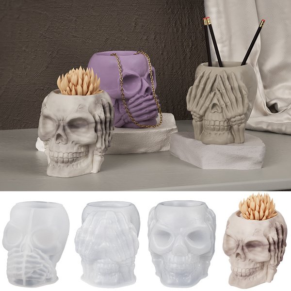 Halloween Ornament Pflanzer Silikon Form DIY Schädel Stift Halter Handwerk Machen Gips Epoxidharz Vase Casting Formen Wohnkultur