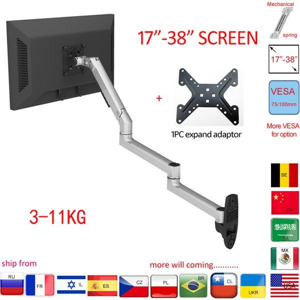 Support mural pour moniteur LCD/TV en aluminium et acier à bras long 7013 15''-32' 17''-38'' avec ressort mécanique 840mm 1-10kg 3-11kg 100x100