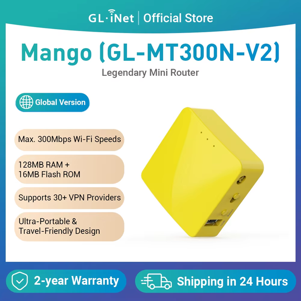 GL.iNet GL-MT300N-V2 (Mango) Mini-Reiserouter Tragbarer Drahtloser Pocket-VPN-WLAN-Router - 2x Ethernet-Anschlüsse, USB 2.0, OpenWrt, OpenVPN Wireguard für öffentliche Hotel-WLAN-Netzwerke, einfache