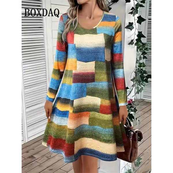 Robe à manches longues pour femmes, décontractée, col rond, Mini, mode élégante, rayée colorée, imprimé en 3D, robes trapèze, nouvelle collection automne 2025